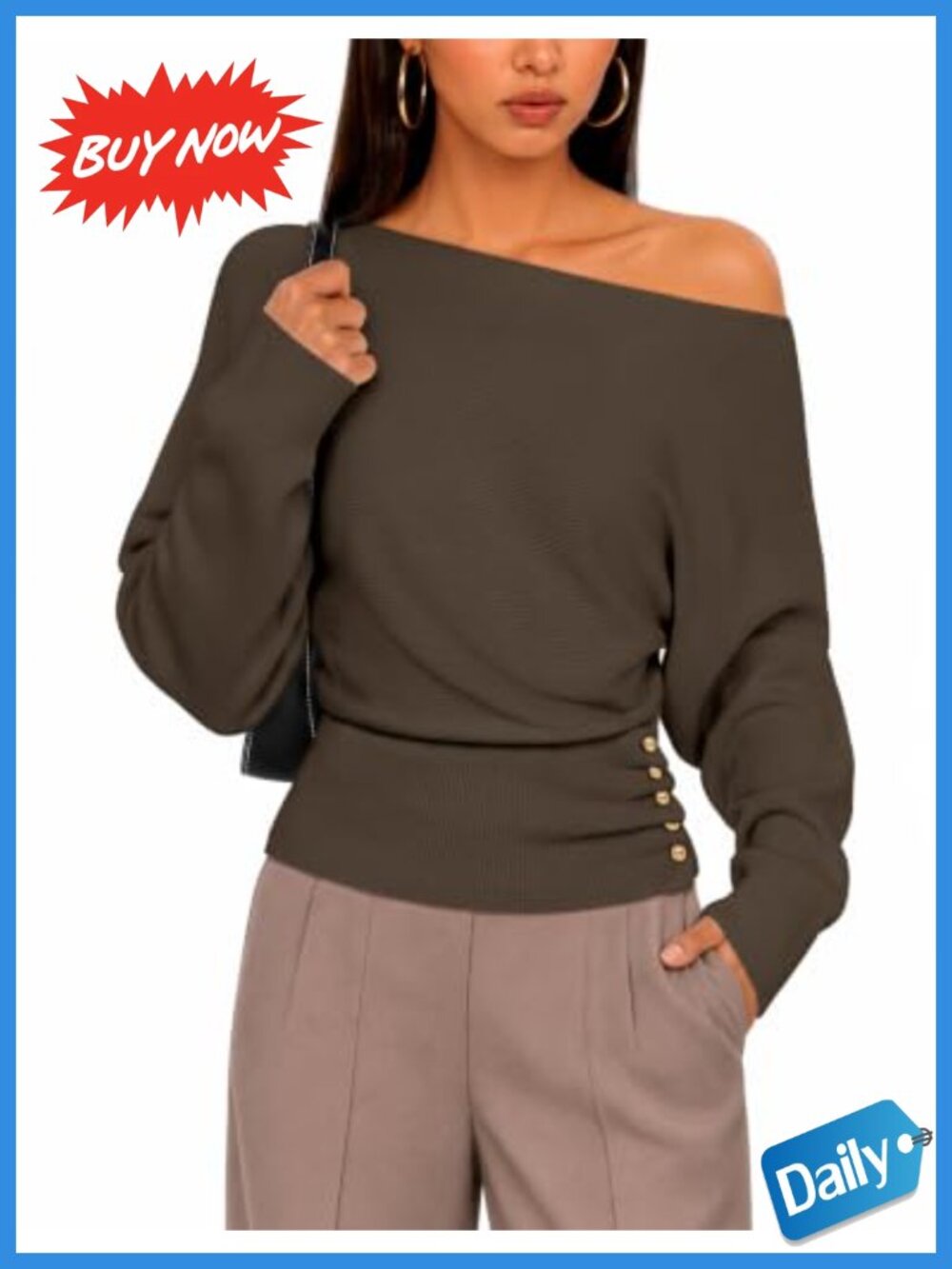 Off Shoulder Ribbed Knit Sweater Pullover with Gold Waist Buttons